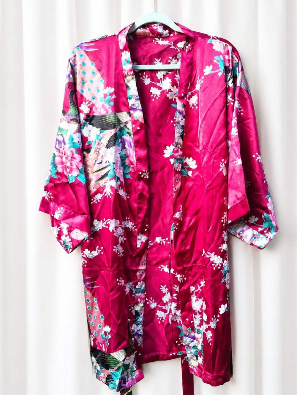 Red Floral Satin Kimono Robe Peacock Print Tie Waist Lounge Cover Up Boho